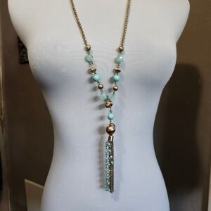 NY Gold Tone Beaded Tassel Necklace Mint Aqua Blue Boho‎ Chic Fashion Jewelry